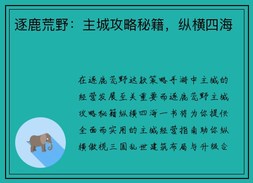 逐鹿荒野：主城攻略秘籍，纵横四海